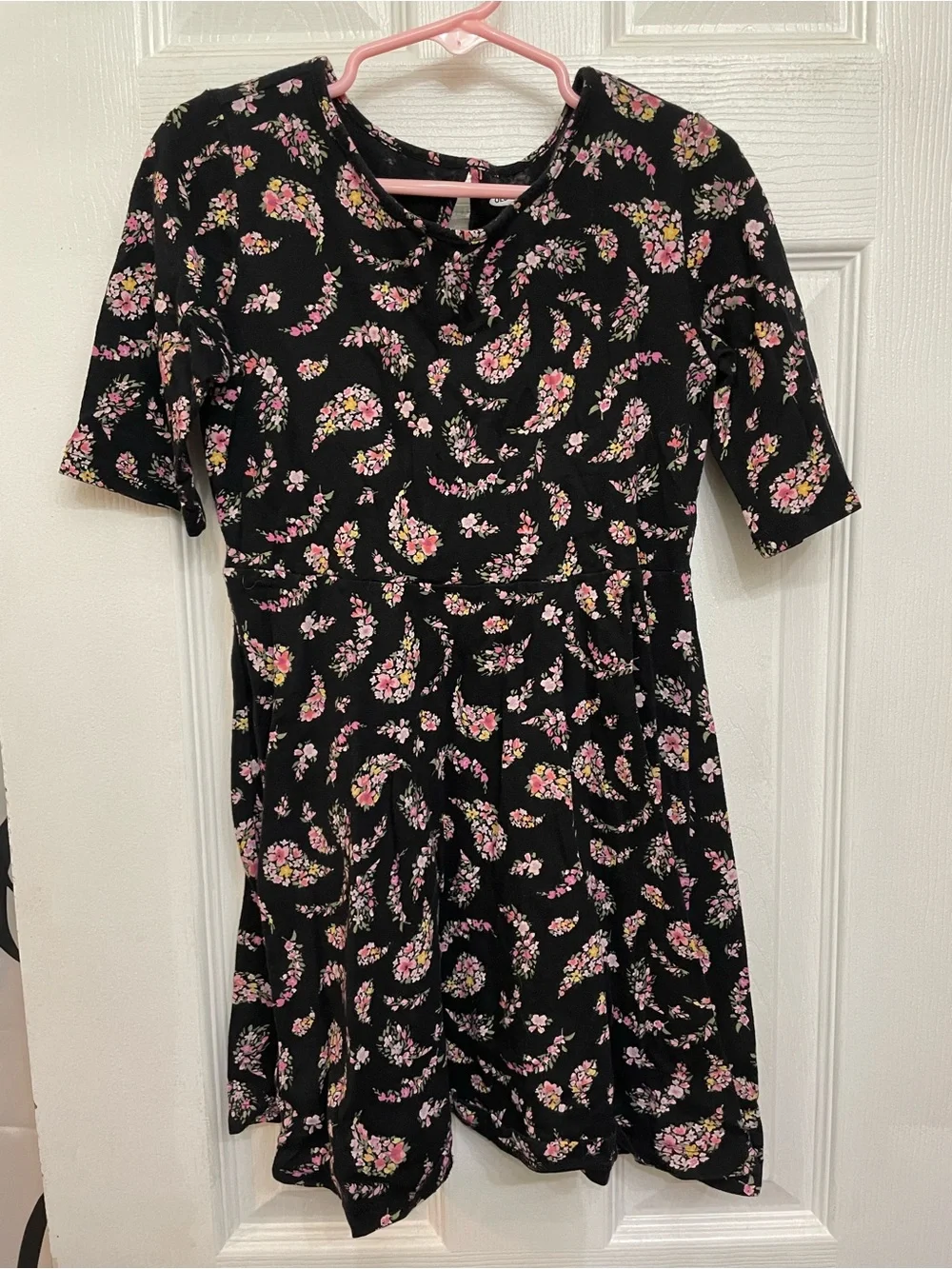 Black Floral Fit-and-Flare Dress with Pink & Yellow Paisley Blossoms